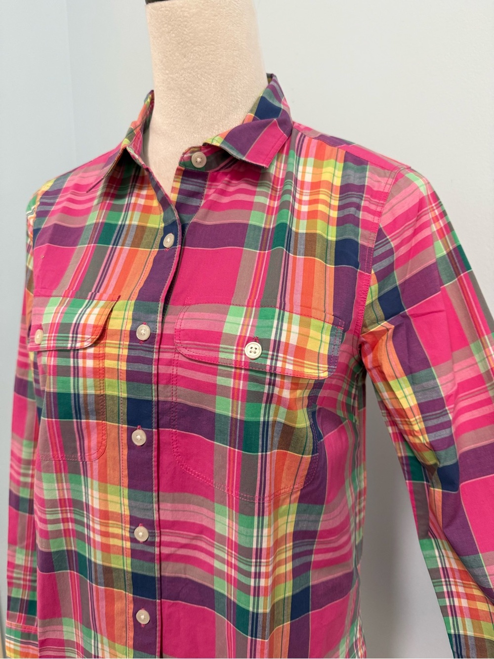 NWT Lands’ End Madras Plaid Shirt Dress Women’s 2 Pink Cotton Button Front - Picture 2 of 8